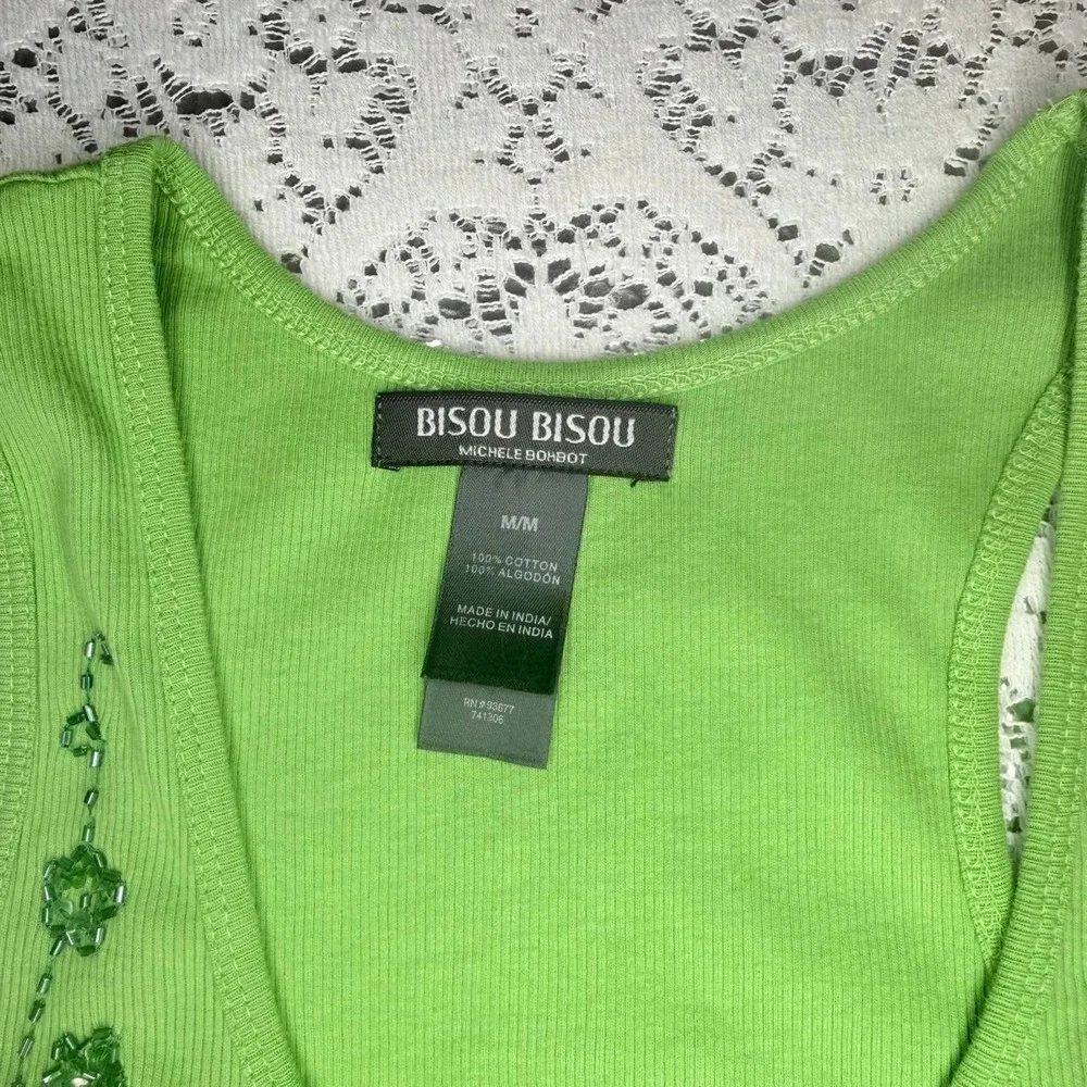 Bisou Bisou Y2K Lime Green Beaded Sequin Floral Tank Top Medium - Picture 5 of 6